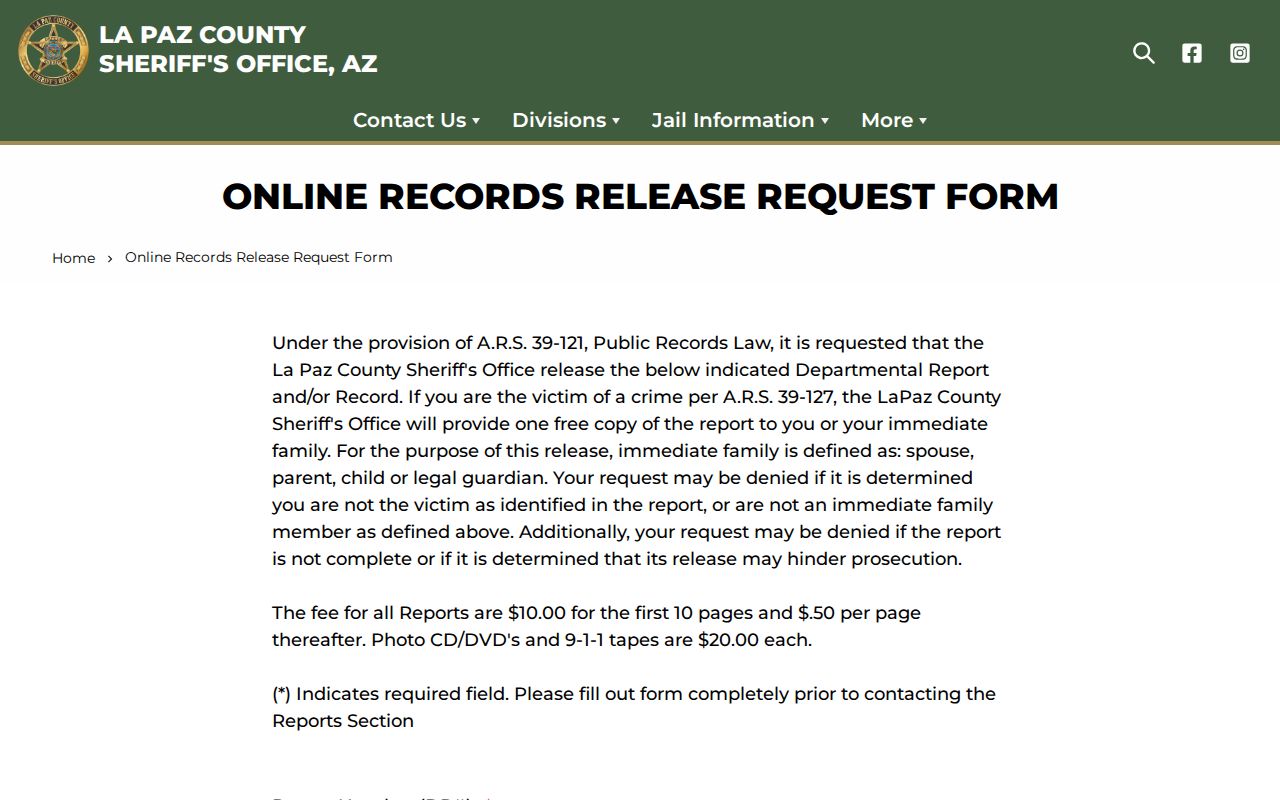 La Paz County official booking record request form