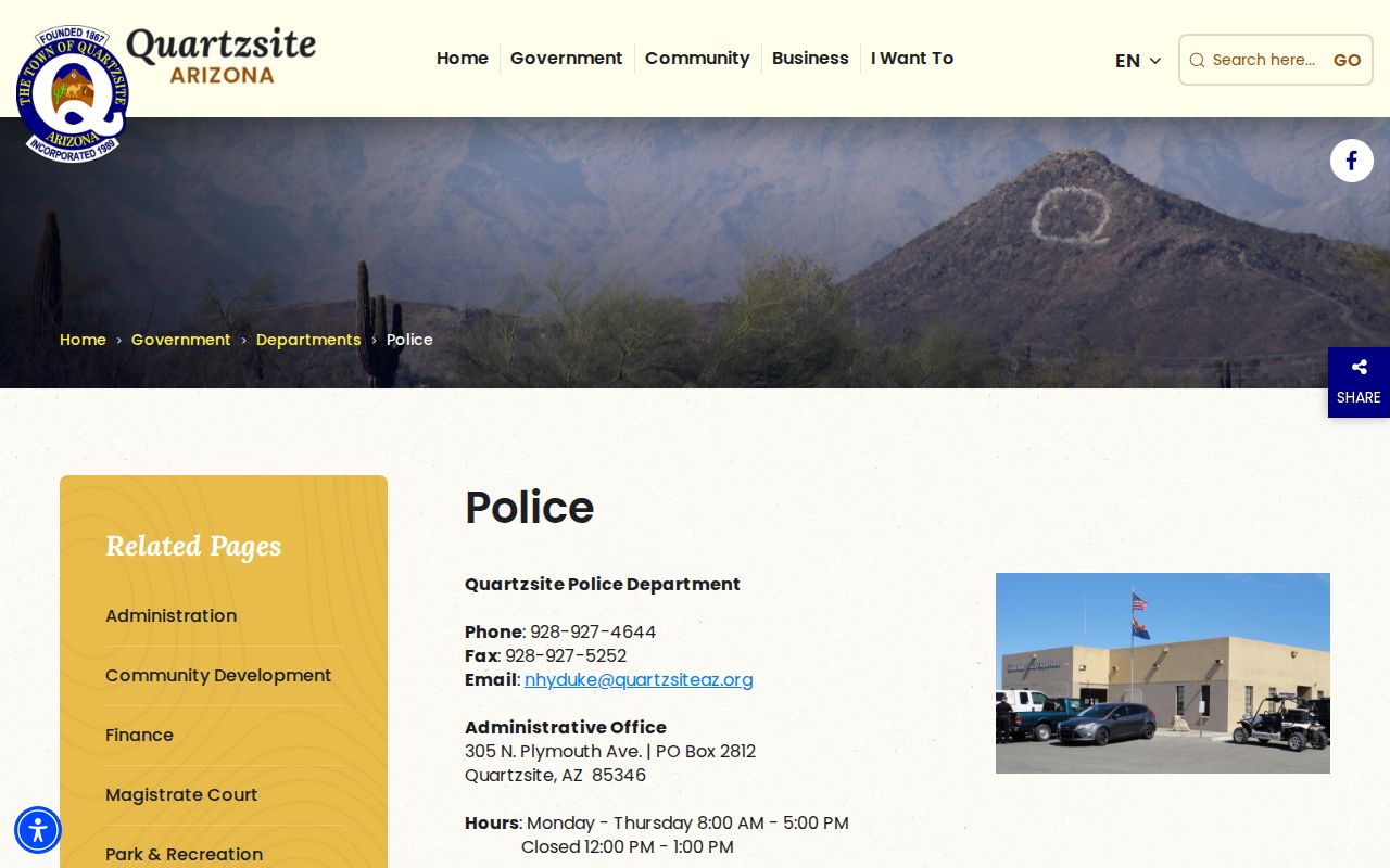Quartzsite Police Department arrest record page in La Paz County
